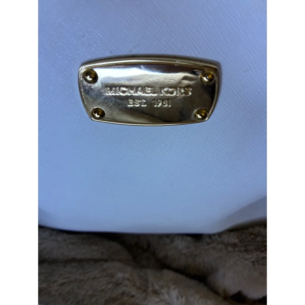 Michael Kors White Saffiano Leather Satchel Handbag Gold Hardware MK Logo Bag